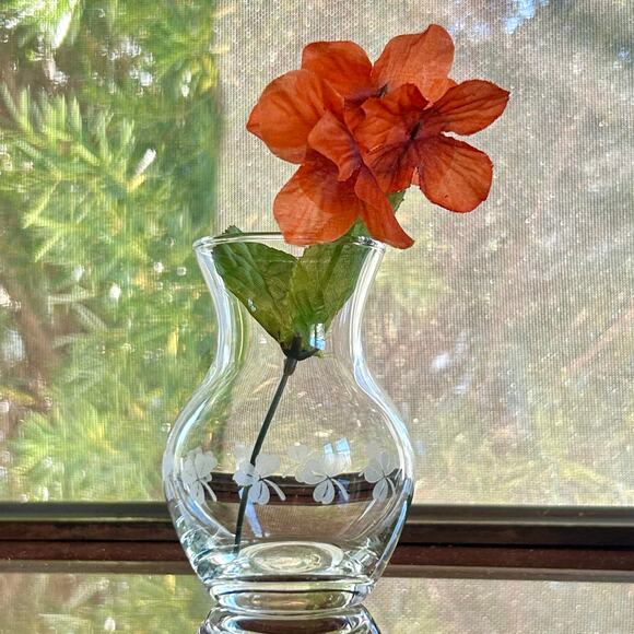 Vintage Etched Crystal Clear Glass Bud Vase with Clover Shamrocks – 4.5”H - Picture 1 of 10
